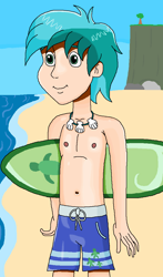 Size: 670x1142 | Tagged: safe, artist:ocean lover, derpibooru import, sandbar, human, beach, belly, belly button, chest, cliff, clothes, cutie mark, green eyes, hair over one eye, human coloration, humanized, jewelry, looking at you, ms paint, necklace, ocean, outdoors, sand, seashell, shiny skin, skinny, sky, smiling, summer, surfboard, swimming trunks, swimsuit, teenager, water