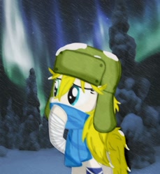 Size: 1280x1395 | Tagged: safe, artist:kobato98, derpibooru import, oc, oc only, oc:klever, earth pony, pony, aurora borealis, bandage, clothes, female, hat, heterochromia, mare, ponified, scarf, snow, solo, species swap, ushanka