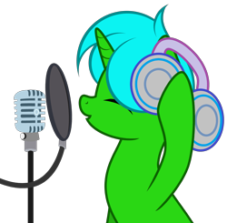 Size: 4520x4431 | Tagged: safe, artist:candysweets90240, artist:howie, derpibooru import, oc, oc only, oc:green byte, base used, headphones, male, microphone, simple background, solo, stallion, transparent background