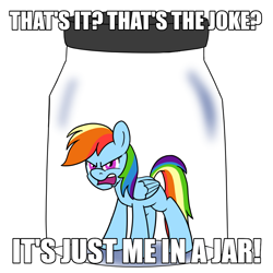 Size: 900x900 | Tagged: safe, artist:unitxxvii, derpibooru import, rainbow dash, pegasus, pony, caption, female, image macro, jar, lewd container meme, pony in a bottle, solo, text