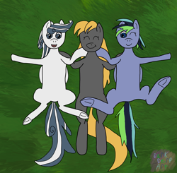 Size: 3523x3451 | Tagged: safe, artist:darkderp, derpibooru import, oc, oc only, oc:dark derp, oc:golden glory, oc:lil cloudy, earth pony, pegasus, cute, female, females only, grass, lying down, mare, on back, underhoof