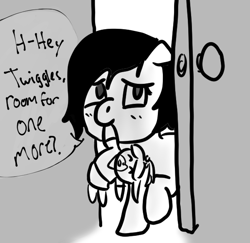 Size: 599x583 | Tagged: safe, artist:zan logemlor, derpibooru import, oc, oc:anon filly, earth pony, pony, dialogue, door, earth pony oc, female, filly, foal, grayscale, implied twilight sparkle, monochrome, mouth hold, plushie, solo, speech bubble, talking
