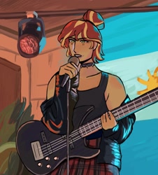 Size: 1849x2048 | Tagged: safe, artist:cardigansandcats, artist:suntwiilight, derpibooru import, sunset shimmer, equestria girls, bass guitar, clothes, female, jacket, leather, leather jacket, musical instrument, solo, tanktop