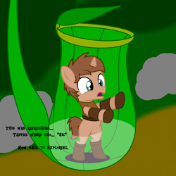 Size: 4000x4000 | Tagged: safe, artist:peternators, derpibooru import, oc, oc only, oc:heroic armour, pony, unicorn, armor, bipedal, boots, colt, foal, leather, leather armor, male, monologue, pitcher plant, plant, shoes, talking, text