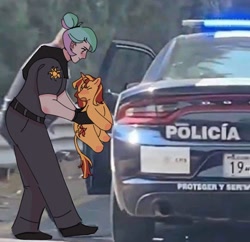 Size: 2048x1985 | Tagged: safe, artist:cardigansandcats, derpibooru import, princess celestia, sunset shimmer, human, pony, unicorn, equestria girls, car, clothes, duo, female, holding a pony, horn, human and pony, irl, leonine tail, mare, photo, police, police car, ponified animal photo, tail, vehicle