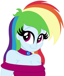 Size: 1635x1920 | Tagged: safe, artist:roseluck, derpibooru exclusive, derpibooru import, rainbow dash, human, equestria girls, alternate hairstyle, bare shoulders, big breasts, braless, breasts, bust, choker, cleavage, clothes, dress, female, geode of super speed, happy, looking at you, magical geodes, rainboob dash, shading, simple background, sleeveless, sleeveless dress, smiling, smiling at you, solo, strapless, strapless dress, three quarter view, white background