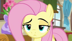 Size: 2560x1440 | Tagged: safe, derpibooru import, screencap, fluttershy, pegasus, flutter brutter, curtains, female, fluttershy is not amused, frown, mare, solo, unamused, window