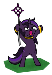 Size: 501x721 | Tagged: safe, artist:jargon scott, derpibooru import, oc, oc only, oc:purple haze, unicorn, bipedal, bracelet, horn, jewelry, necklace, open mouth, runescape, simple background, solo, staff, transparent background, unicorn oc, yelling