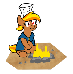 Size: 614x616 | Tagged: safe, artist:jargon scott, derpibooru import, oc, oc only, oc:flute salad, earth pony, campfire, chef's hat, cooking, dirt, earth pony oc, fire, hat, ponytail, rock, runescape, simple background, sitting, solo, transparent background, wizard robe