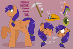 Size: 3062x2043 | Tagged: safe, artist:2k.bugbytes, oc, oc only, oc:debbie miner, pegasus, pony, commission, female, folded wings, gradient background, hard hat, mare, pickaxe, puffy cheeks, raised hoof, raised leg, reference sheet, scrunchy face, shrunken pupils, smiling, solo, soot, sweatdrop, text, tongue, tongue out, wings