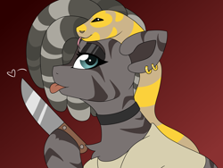 Size: 8000x6000 | Tagged: safe, artist:crazysketch101, derpibooru import, oc, snake, zebra, african, bust, clothes, collar, dreadlocks, ear piercing, earring, heart, jewelry, knife, piercing, portrait, shirt, solo, tongue, tongue out