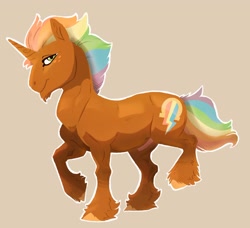 Size: 2277x2073 | Tagged: safe, artist:sandieflower, derpibooru import, oc, oc only, oc:lucky shot, pony, unicorn, beard, brown background, facial hair, male, multicolored hair, nudity, offspring, parent:donut joe, parent:rainbow dash, parents:donutdash, rainbow hair, sheath, simple background, stallion