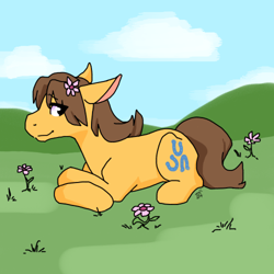 Size: 500x500 | Tagged: safe, artist:sinclair2013, derpibooru import, caramel, earth pony, pony, eye clipping through hair, flower, flower in hair, lying down, male, prone, solo, stallion