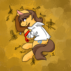 Size: 1280x1280 | Tagged: safe, alternate version, artist:sinclair2013, derpibooru import, caramel, earth pony, pony, butt, clothes, eye clipping through hair, eyebrows, eyebrows visible through hair, lying down, male, necktie, on side, plot, shirt, solo, stallion, tied up