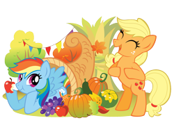 Size: 2048x1583 | Tagged: safe, derpibooru import, applejack, rainbow dash, earth pony, pegasus, pony, apple, autumn, cornucopia, cute, daaaaaaaaaaaw, dashabetes, food, fruit, jackabetes, pumpkin, simple background, transparent background, zazzle