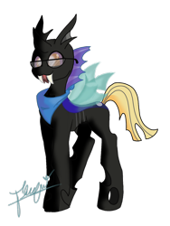 Size: 1080x1440 | Tagged: safe, artist:flower-black, derpibooru import, oc, oc only, oc:alejandrogmj, changeling, changeling oc, clothes, commission, fangs, glasses, scarf, simple background, solo, tongue, tongue out, transparent background