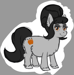 Size: 988x1001 | Tagged: safe, artist:a0iisa, artist:anonymous, color edit, derpibooru import, edit, oc, oc only, oc:maple muchly, earth pony, pony, belly fluff, black mane, black tail, brown eyes, butt fluff, colored, colored hooves, ear fluff, ears, eyelashes, female, gray background, gray coat, gray hooves, hock fluff, hooves, lidded eyes, looking at you, mare, outline, plump, simple background, smiling, smiling at you, snowpony (species), solo, standing, taiga pony, tail, unshorn fetlocks