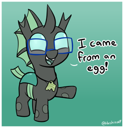 Size: 1448x1488 | Tagged: safe, artist:heretichesh, derpibooru import, oc, oc only, oc:yevan, changeling, changeling oc, cute, cuteling, dialogue, eggshell, glasses, gradient background, green changeling, jewelry, necklace, solo, tooth gap