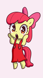 Size: 785x1401 | Tagged: safe, artist:fipoki, derpibooru import, apple bloom, earth pony, pony, semi-anthro, adorabloom, blushing, cute, female, filly, foal, looking at you, open mouth, pink background, simple background, solo, suspenders, wow