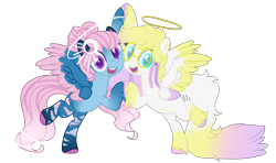 Size: 3492x2071 | Tagged: safe, artist:makotomt, artist:rose-blade, derpibooru import, oc, oc only, oc:angel lights, oc:merry skies, angel, angel pony, original species, pegasus, pony, base used, coat markings, commission, duo, ear piercing, earring, female, glasses, halo, jewelry, lesbian, multiple wings, oc x oc, open mouth, piercing, shipping, simple background, transparent background, unshorn fetlocks, wings