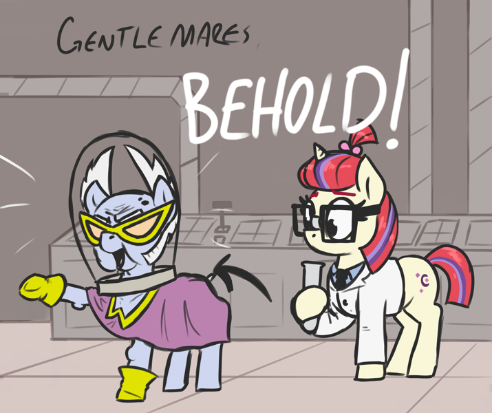 Size: 2695x2260 | Tagged: safe, artist:t72b, derpibooru import, moondancer, mr. waddle, earth pony, pony, unicorn, aqua teen hunger force, beaker, clothes, doctor weird, featured image, female, glasses, gloves, helmet, hoof hold, lab coat, male, mare, ponified, species swap, stallion