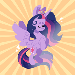 Size: 3500x3500 | Tagged: safe, artist:fizzlefer, derpibooru import, twilight sparkle, twilight sparkle (alicorn), alicorn, pony, cute, ethereal mane, eyes closed, female, lineless, mare, new crown, smiling, solo, spread wings, starry mane, sunburst background, twiabetes, wings