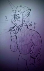 Size: 648x1040 | Tagged: safe, artist:dsstoner, fancypants, oc, anthro, pony, undead, unicorn, vampire, cigarette, cigarette holder, clothes, jewelry, kinsona, male, ponysona, redesign, ring, smoking, solo, solo male, sweater, traditional art, turtleneck