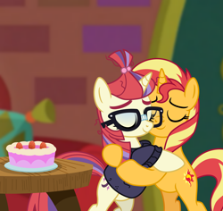 Size: 6012x5664 | Tagged: safe, artist:emeraldblast63, derpibooru import, sunset shimmer, pony, unicorn, comic:the tale of two sunsets, absurd resolution, bipedal, cake, clothes, duo, eyes closed, female, food, glasses, hug, mare, story included, sweater, table