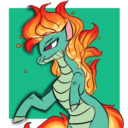 Size: 2000x2000 | Tagged: safe, artist:smokeytwilight, derpibooru import, tianhuo, dragon, hybrid, longma, them's fightin' herds, community related, eyelashes, female, mane of fire, red eyes, simple background, smiling, solo, tail, tail of fire