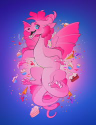 Size: 920x1200 | Tagged: safe, artist:schl4fy, derpibooru import, part of a set, pinkie pie, dragon, cake, claws, confetti, cupcake, dragoness, dragonified, ears, eyebrows, female, floating, food, horns, nostrils, open mouth, open smile, pinkiedragon, smiling, snout, solo, species swap, wingding eyes, wings