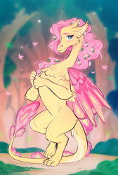 Size: 807x1200 | Tagged: safe, artist:schl4fy, derpibooru import, part of a set, fluttershy, dragon, cheek fluff, chest fluff, claws, colored wings, dragoness, dragonified, ears, eyebrows, female, floating, flower, flower in hair, flutterdragon, forest, hair over one eye, horns, nostrils, snout, solo, species swap, wings