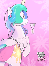 Size: 2500x3300 | Tagged: safe, artist:enonnnymous, derpibooru import, princess celestia, alicorn, pony, alcohol, bikini, bikini bottom, butt, clothes, cover art, cute, cutelestia, female, folded wings, grand theft auto, gta vice city, hair over one eye, horn, jewelry, looking at you, looking back, looking back at you, magic, mare, martini, palm tree, parody, praise the sun, raised hoof, raised leg, solo, sunbutt, swimsuit, telekinesis, tree, video game crossover, wings