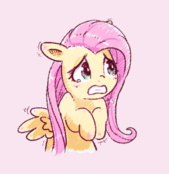 Size: 397x409 | Tagged: safe, artist:fipoki, derpibooru import, fluttershy, pegasus, pony, cute, ears, female, floppy ears, mare, pink background, scared, shivering, shyabetes, simple background, solo, teary eyes