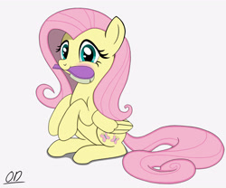 Size: 3856x3211 | Tagged: safe, artist:oleniandeer, derpibooru import, fluttershy, pegasus, pony, blushing, brush, cute, female, folded wings, hairbrush, high res, looking at you, mare, mouth hold, shyabetes, signature, simple background, sitting, smiling, smiling at you, solo, white background, wings