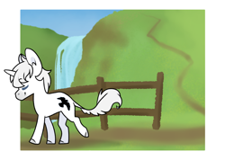 Size: 1280x910 | Tagged: safe, artist:sinclair2013, derpibooru import, oc, oc only, oc:evermore, pony, unicorn, fence, leonine tail, solo, tail, water, waterfall