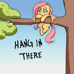 Size: 1000x1000 | Tagged: safe, artist:inkypuso, derpibooru import, fluttershy, pegasus, pony, adorable distress, cute, ears, female, floppy ears, gradient background, hang in there, hanging, in a tree, mare, shyabetes, solo, teary eyes, text, tree, tree branch
