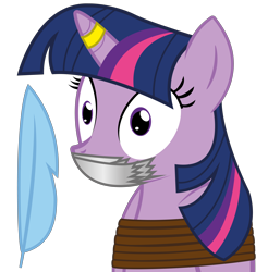 Size: 7500x7627 | Tagged: safe, artist:cardshark777, derpibooru import, twilight sparkle, twilight sparkle (alicorn), alicorn, pony, bondage, bust, digital art, duct tape, feather, female, gag, helpless, horn, horn ring, imminent tickles, mare, panicking, portrait, ring, rope, rope bondage, ropes, shrunken pupils, simple background, solo, tape, tape gag, tied up, transparent background