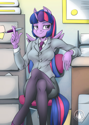 Size: 2171x3070 | Tagged: safe, artist:mysticalpha, derpibooru import, twilight sparkle, twilight sparkle (alicorn), alicorn, anthro, breasts, business suit, businessmare, chair, clothes, crossed legs, female, headlight sparkle, high res, looking away, mare, necktie, office chair, pen, sitting, skirt suit, smiling, solo