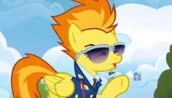 Size: 2160x1229 | Tagged: safe, derpibooru import, screencap, spitfire, pegasus, pony, top bolt, clothes, female, necktie, needs more jpeg, solo, suit, sunglasses, uniform, whistle necklace, wonderbolts dress uniform