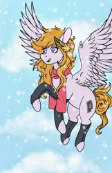 Size: 1263x1952 | Tagged: safe, artist:berrybunne, derpibooru import, oc, oc only, pegasus, clothes, flying, pegasus oc, scarf, snow, snowfall, solo