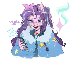 Size: 2856x2432 | Tagged: safe, artist:spoosha, derpibooru import, discord, maud pie, queen chrysalis, spike, starlight glimmer, sunburst, thorax, trixie, twilight sparkle, changeling, human, unicorn, celestial advice, equestria girls, mirror magic, reflections, spoiler:comic, spoiler:eqg specials, amulet, blushing, bow, child, clothes, crown, cute, cutie mark, cutie mark on clothes, detailed, dialogue, diamond, ear piercing, earring, fur, gem, glasses, goggles, hat, heart, heart eyes, hoop, hooped earrings, horn, horned humanization, humanized, implied discord, implied lesbian, implied maud pie, implied queen chrysalis, implied spike, implied thorax, implied trixie, implied twilight sparkle, jacket, jewelry, message, nails, offscreen character, offscreen human, open mouth, outfit, outfits, pendant, piercing, ponytail, redesign, reflection, regalia, schoolgirl, simple background, smiling, stars, white background, wingding eyes, wings