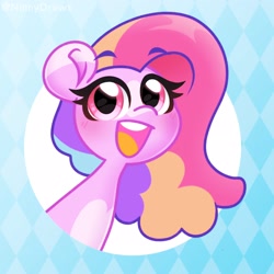 Size: 2480x2480 | Tagged: safe, artist:ninnydraws, derpibooru import, oc, oc only, pony, abstract background, blushing, bust, colored eartips, female, looking at you, open mouth, open smile, pale belly, smiling, solo