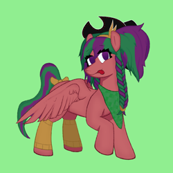 Size: 1400x1400 | Tagged: safe, derpibooru import, oc, oc only, oc:littledream, pegasus, braid, clothes, green background, green hair, purple eyes, purple hair, simple background, socks, solo, tongue, tongue out