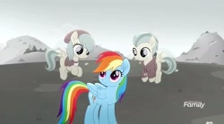 Size: 2160x1199 | Tagged: safe, derpibooru import, screencap, barley barrel, pickle barrel, rainbow dash, pegasus, pony, rainbow roadtrip, barrel twins, brother and sister, clothes, cute, desaturated, female, fraternal twins, gray, hat, hoodie, hope hollow, male, siblings, twins