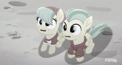 Size: 2160x1160 | Tagged: safe, derpibooru import, screencap, barley barrel, pickle barrel, pegasus, pony, rainbow roadtrip, barrel twins, brother and sister, clothes, cute, desaturated, female, fraternal twins, gray, hat, hoodie, hope hollow, male, shirt, shocked, shocked expression, siblings, surprised, t-shirt, twins