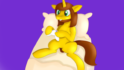 Size: 1920x1080 | Tagged: safe, artist:jbond, derpibooru import, oc, oc only, pony, unicorn, beard, bed, commission, controller, facial hair, horn, male, on bed, pillow, playing, purple background, simple background, solo, stallion, unicorn oc
