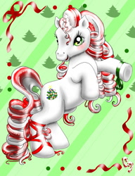 Size: 768x1000 | Tagged: safe, artist:noelle23, derpibooru import, oc, oc only, oc:peppermint ponycorn, pony, unicorn, g3, blushing, christmas, female, g3 oc, holiday, mare, rearing, ribbon, smiling, solo