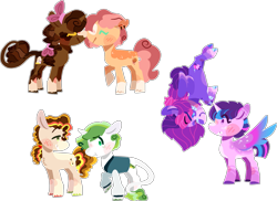 Size: 2069x1503 | Tagged: safe, artist:rickysocks, derpibooru import, oc, oc only, oc:cocoa butter, oc:macoun crunch, oc:starburst shine, oc:vesper winds, oc:viridian sage, oc:waffle syrup, alicorn, earth pony, pegasus, pony, unicorn, alicorn oc, base used, earth pony oc, female, gay, horn, lesbian, male, oc x oc, offspring, parent:apple bloom, parent:button mash, parent:cheese sandwich, parent:flash sentry, parent:pinkie pie, parent:sweetie belle, parent:tender taps, parent:twilight sparkle, parents:cheesepie, parents:flashlight, parents:sweetiemash, parents:tenderbloom, pegasus oc, shipping, simple background, transparent background, wings