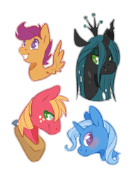 Size: 965x1240 | Tagged: safe, artist:sinclair2013, derpibooru import, big macintosh, scootaloo, trixie, pony, blushing, bust, simple background, transparent background