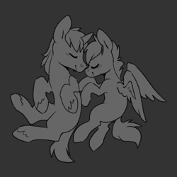 Size: 1280x1280 | Tagged: safe, artist:sinclair2013, derpibooru import, oc, oc only, pegasus, pony, unicorn, blushing, duo, female, male, mare, monochrome, shipping, stallion, straight